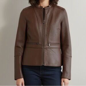 Lord And Taylor Sz 6 Brown Textured Leather Bomber Jacket